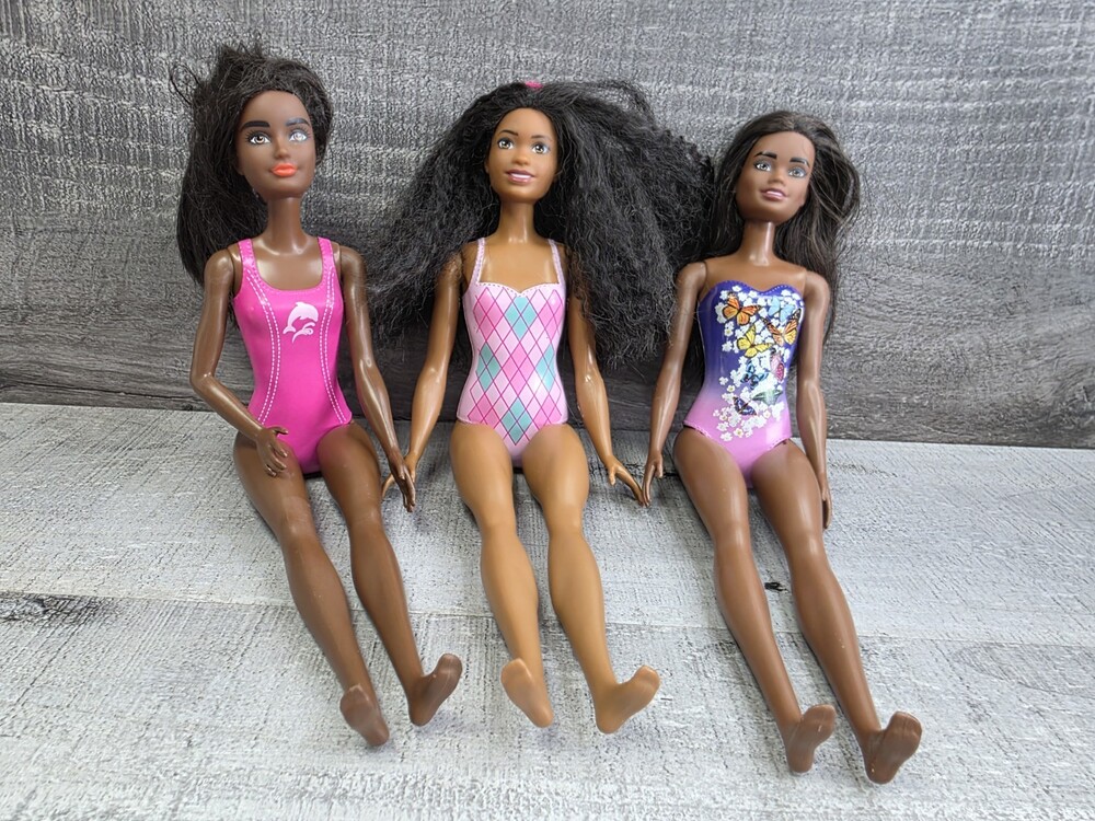 Mattel Barbie Lot Of 3 Floral Pink Swimsuit Beach African American Black g63